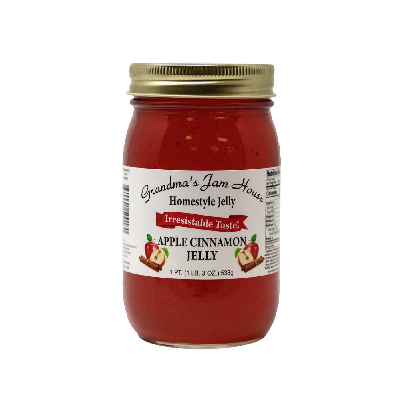Handcrafted jar of apple cinnamon jelly with gold lid and white label featuring fruit and cinnamon stick illustrations, made in USA, ideal for Kitchen & Food, Pantry, Peanut Butter & Jellies, Best Sellers, and Promo Eligible collections.