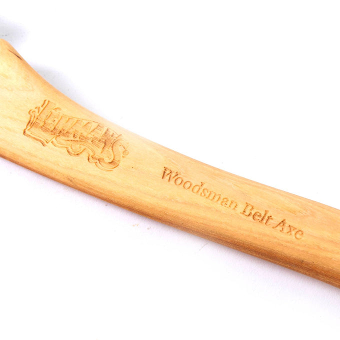 Close-up of a unique Amish-made hickory handle engraved with "Woodsman Belt Axe" and Lehman's logo, part of Farm, Garden & Tool, Knives & Axes, and USA Made collections.