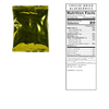 Gold-colored foil pouch packaging shown alongside detailed nutrition facts label with calorie count, ingredients, and allergen information, suitable for pantry, emergency supplies, and freeze-dried food collections.