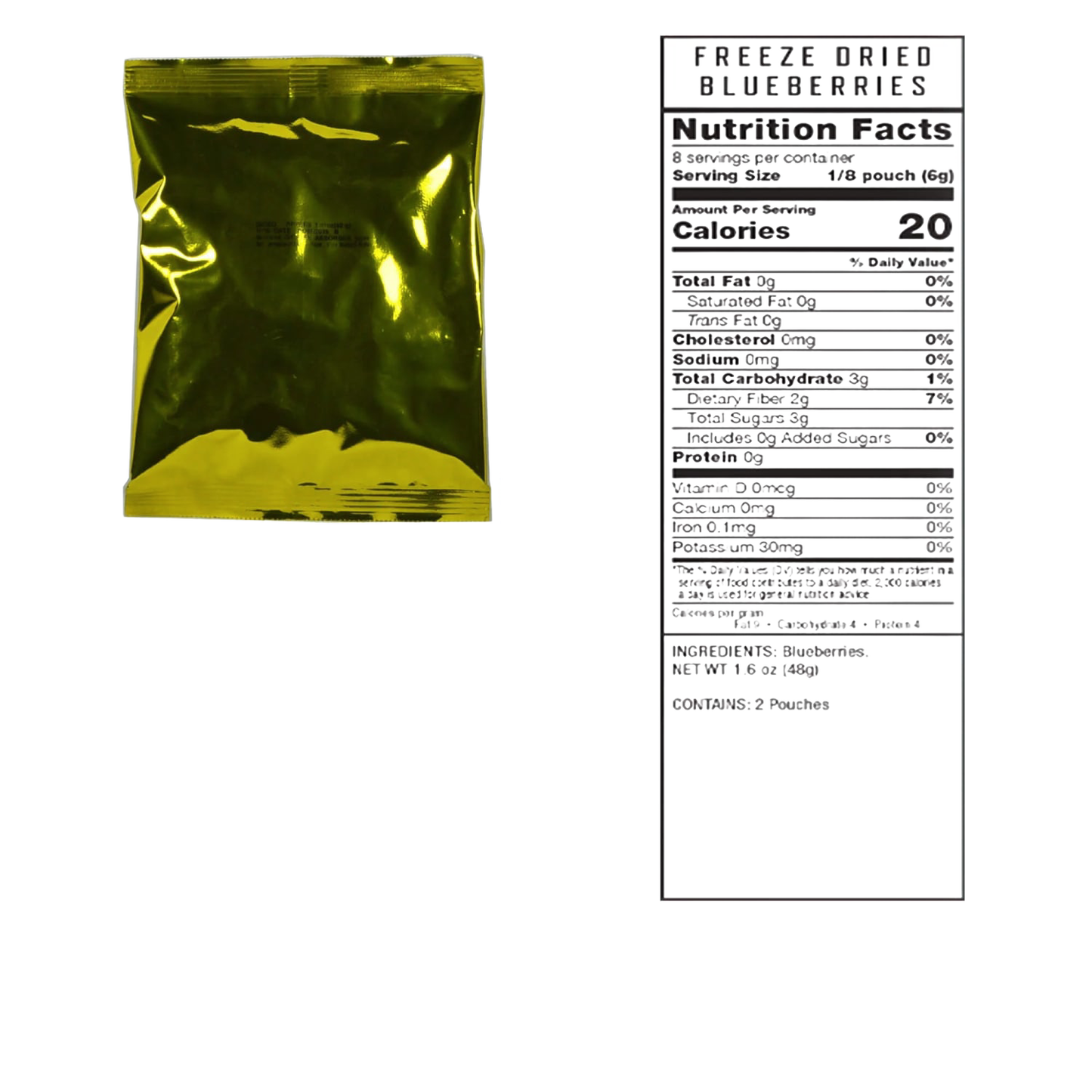Gold-colored foil pouch packaging shown alongside detailed nutrition facts label with calorie count, ingredients, and allergen information, suitable for pantry, emergency supplies, and freeze-dried food collections.