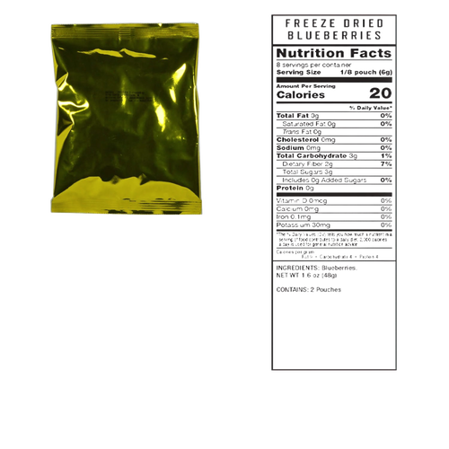 Gold-colored foil pouch packaging shown alongside detailed nutrition facts label with calorie count, ingredients, and allergen information, suitable for pantry, emergency supplies, and freeze-dried food collections.