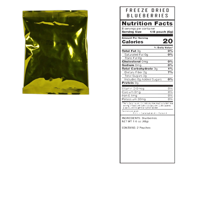 Gold-colored foil pouch packaging shown alongside detailed nutrition facts label with calorie count, ingredients, and allergen information, suitable for pantry, emergency supplies, and freeze-dried food collections.