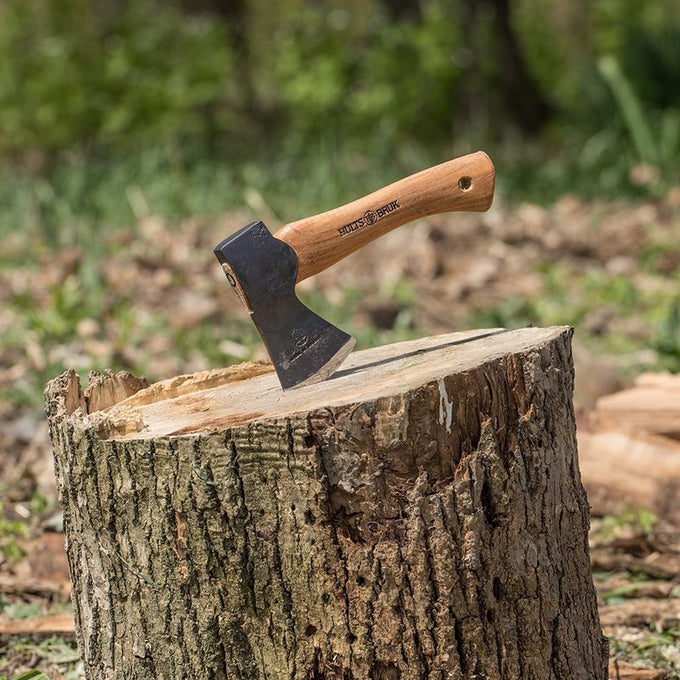 Hand-forged Swedish steel hatchet with a curved wooden handle embedded in a tree stump, crafted for camping, farm, and woodcutting tasks, featuring a protective leather sheath option.