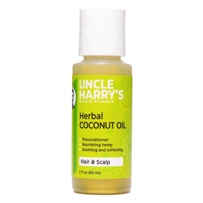 Handcrafted 2 oz bottle of herbal coconut oil infused with nourishing hemp, designed for hair and scalp moisture and softness, made in USA, featured in Health & Wellness and Grooming collections.