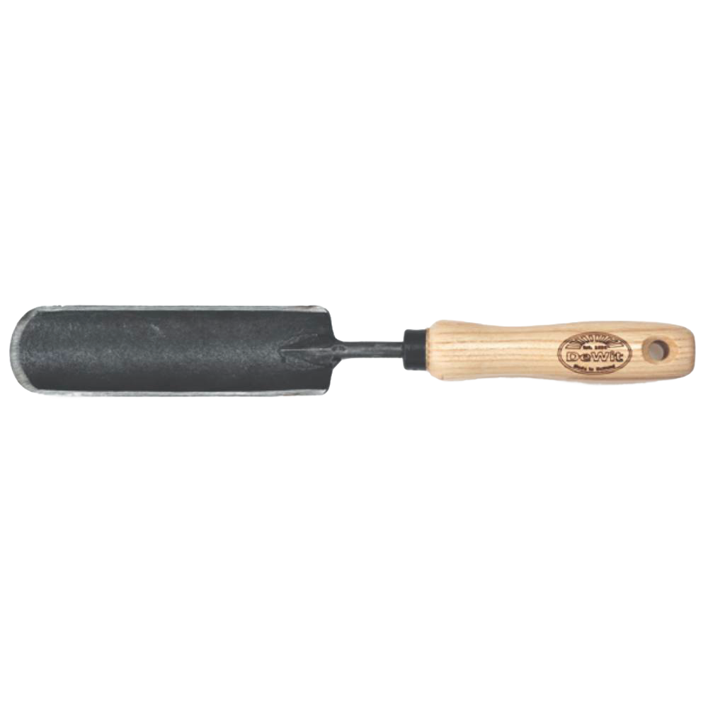 Handcrafted heavy-duty garden trowel with narrow steel blade and smooth wooden handle, designed for digging in tight spaces, ideal for Farm, Garden & Tool, Digging and Cultivating, and Best Sellers collections.