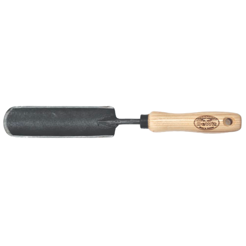 Handcrafted heavy-duty garden trowel with narrow steel blade and smooth wooden handle, designed for digging in tight spaces, ideal for Farm, Garden & Tool, Digging and Cultivating, and Best Sellers collections.