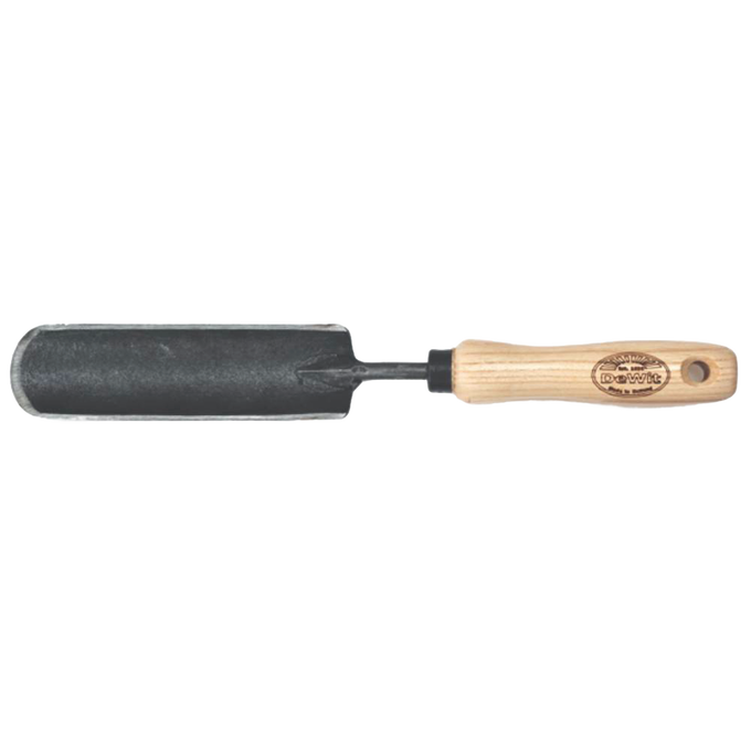 Handcrafted heavy-duty garden trowel with narrow steel blade and smooth wooden handle, designed for digging in tight spaces, ideal for Farm, Garden & Tool, Digging and Cultivating, and Best Sellers collections.