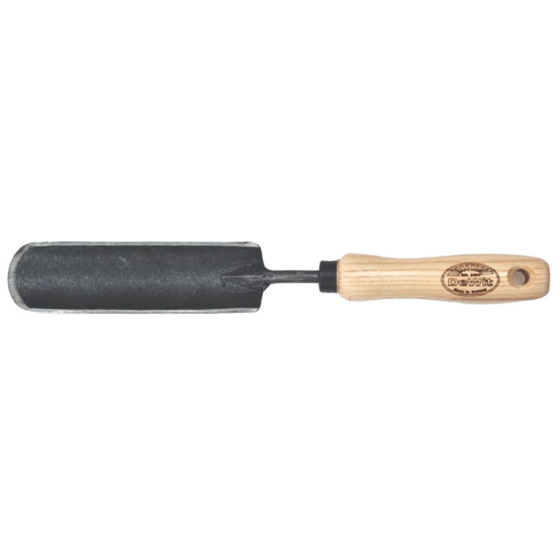 Handcrafted heavy-duty garden trowel with narrow steel blade and smooth wooden handle, designed for digging in tight spaces, ideal for Farm, Garden & Tool, Digging and Cultivating, and Best Sellers collections.
