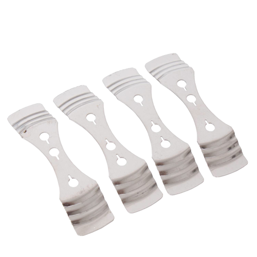 Set of four polished metal wick centering tools with double-ended curved edges and cutout holes, designed for precise candle wick placement in candlemaking supplies collections.