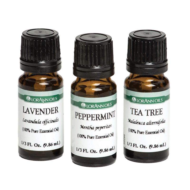 Three small amber glass bottles with black caps containing pure Lavender, Peppermint, and Tea Tree essential oils, handcrafted and quality tested for Health & Wellness, Soapmaking, and Candlemaking collections.