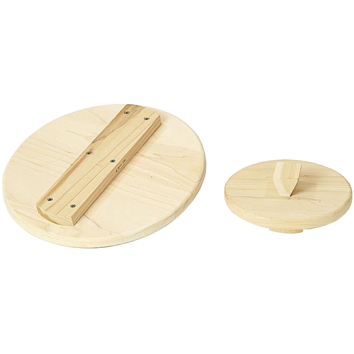 Set of two handcrafted unfinished poplar wooden lids for fermenting crocks, featuring smooth surfaces and support bars, ideal for Kitchen & Food, Food Preservation, and Fermenting and Pickling collections.