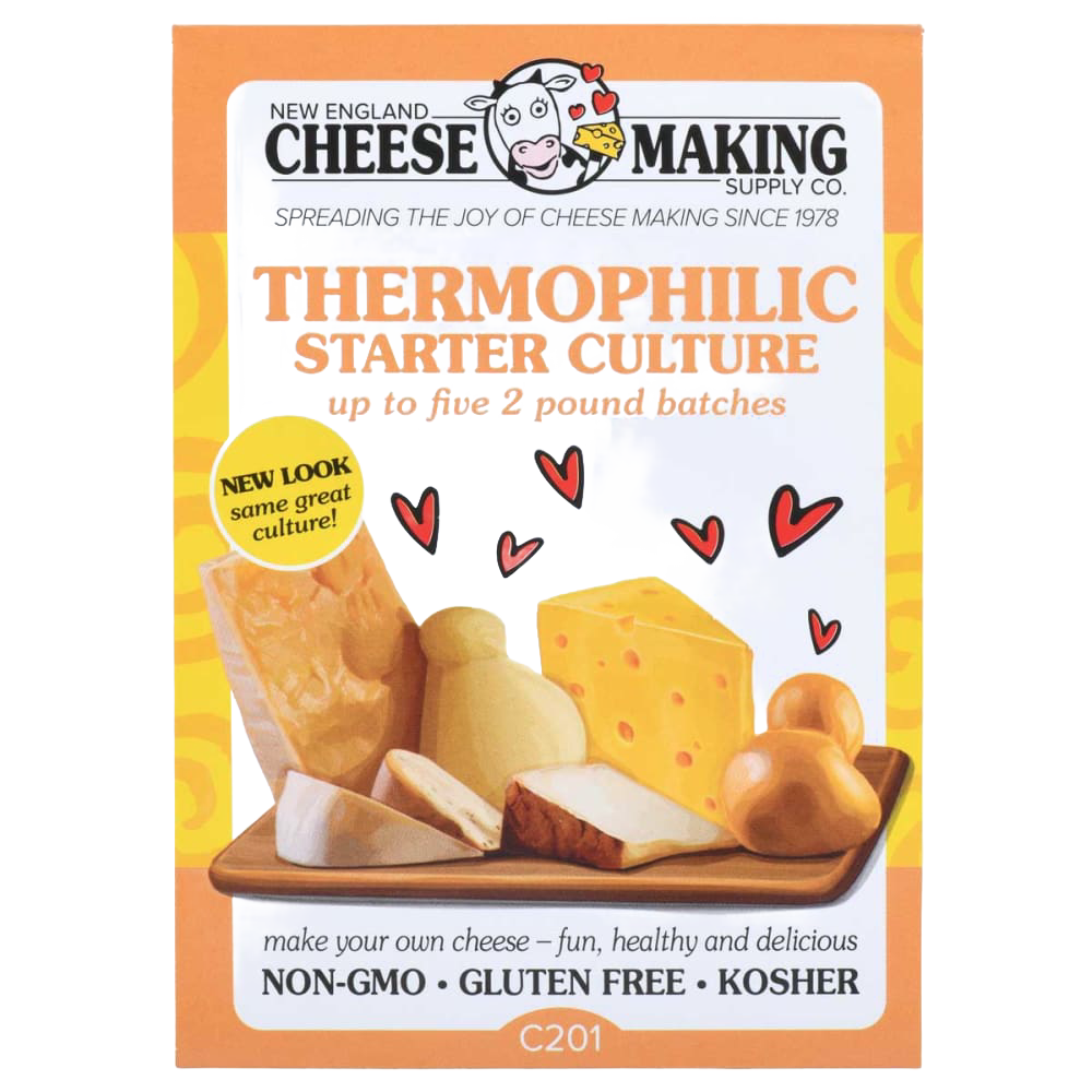 Brightly colored package of thermophilic starter culture with illustrations of assorted cheeses and dairy products, suitable for Kitchen & Food, Specialty Equipment, DIY Cheese and Yogurt, Best Sellers, Promo Eligible, and Sale collections.