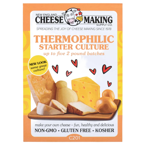 Brightly colored package of thermophilic starter culture with illustrations of assorted cheeses and dairy products, suitable for Kitchen & Food, Specialty Equipment, DIY Cheese and Yogurt, Best Sellers, Promo Eligible, and Sale collections.