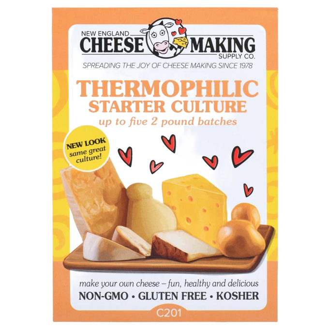 Brightly colored package of thermophilic starter culture with illustrations of assorted cheeses and dairy products, suitable for Kitchen & Food, Specialty Equipment, DIY Cheese and Yogurt, Best Sellers, Promo Eligible, and Sale collections.