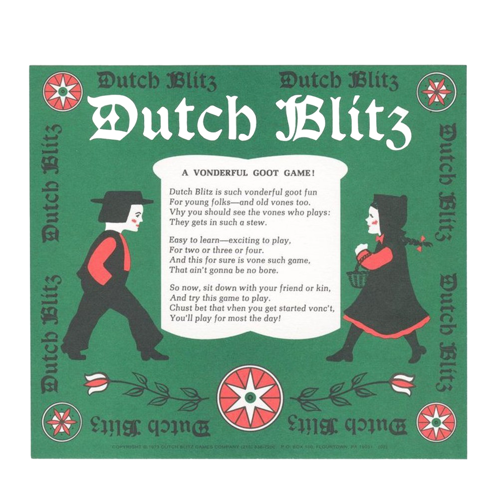 Vintage-inspired green game box cover featuring stylized Amish boy and girl in traditional attire, decorative tulips, and an old-fashioned rhyme promoting a handcrafted, made in USA card game popular in Toys, Books & Games, USA Made, Games and Puzzles, Table and Board Games, and Best Sellers collections.