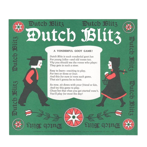 Vintage-inspired green game box cover featuring stylized Amish boy and girl in traditional attire, decorative tulips, and an old-fashioned rhyme promoting a handcrafted, made in USA card game popular in Toys, Books & Games, USA Made, Games and Puzzles, Table and Board Games, and Best Sellers collections.