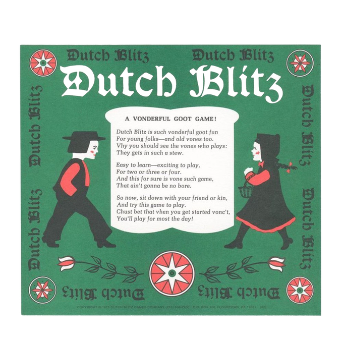 Vintage-inspired green game box cover featuring stylized Amish boy and girl in traditional attire, decorative tulips, and an old-fashioned rhyme promoting a handcrafted, made in USA card game popular in Toys, Books & Games, USA Made, Games and Puzzles, Table and Board Games, and Best Sellers collections.