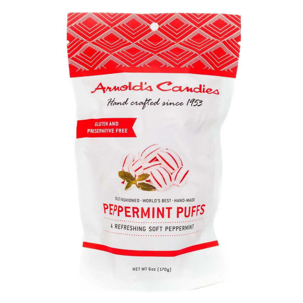 Handcrafted peppermint puffs in a red and white bag, gluten and preservative free, made in the USA, ideal for Kitchen & Food, Snacks and Sweets, USA Made, Best Sellers, and Promo Eligible collections.
