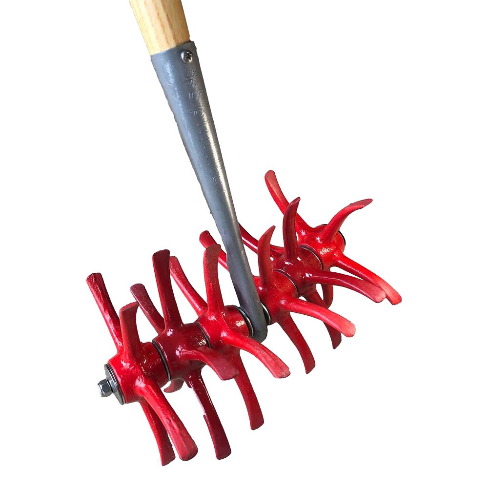 Close-up of a red curved chisel tine cultivator attachment with a wooden handle, designed for soil tilling and weed removal in farm, garden, and cultivating tool collections.