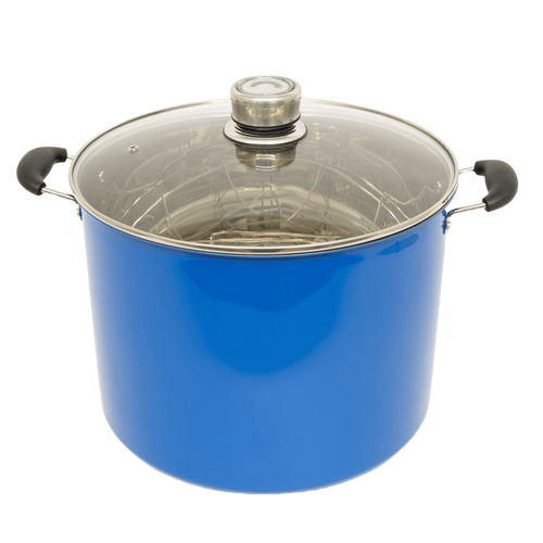 Glossy blue 21.5-quart water bath canner with glass lid featuring built-in temperature gauge and black handles, designed for Kitchen & Food, Food Preservation, and Canning collections.