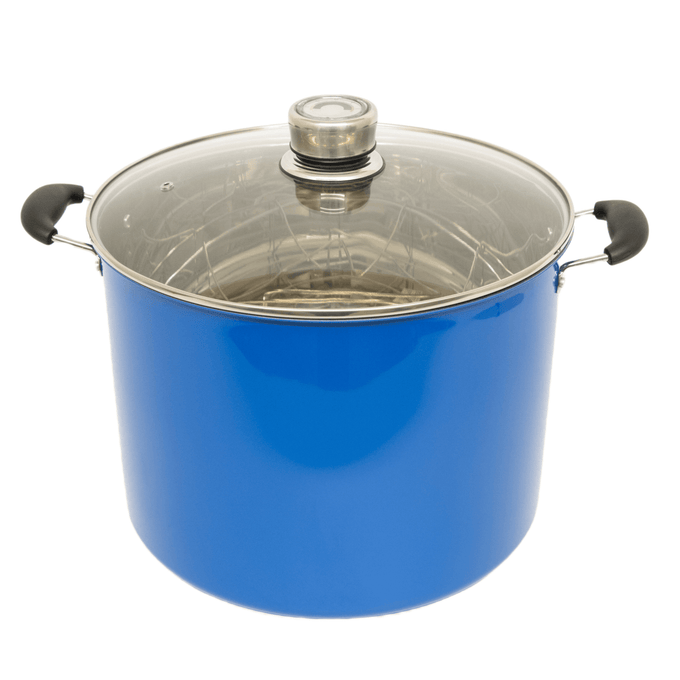 Glossy blue 21.5-quart water bath canner with glass lid featuring built-in temperature gauge and black handles, designed for Kitchen & Food, Food Preservation, and Canning collections.
