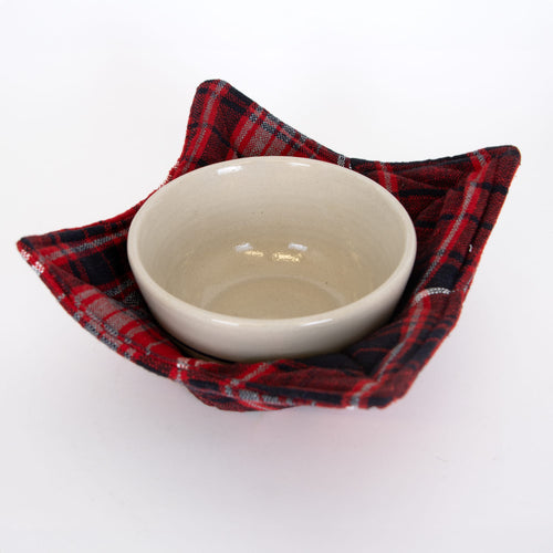 Handcrafted red plaid cotton cozy designed to snugly wrap around bowls or mugs, protecting hands and surfaces, featured in Kitchen & Food, Kitchen Textiles, Storage and Serving, Best Sellers, and Promo Eligible collections.