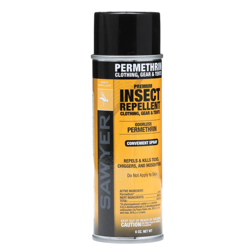 Tall spray can of permethrin insect repellent for clothing, gear, and tents with odorless formula, designed for protecting against ticks, mosquitoes, and chiggers in Farm, Garden & Tool, Camping, and Best Sellers collections.