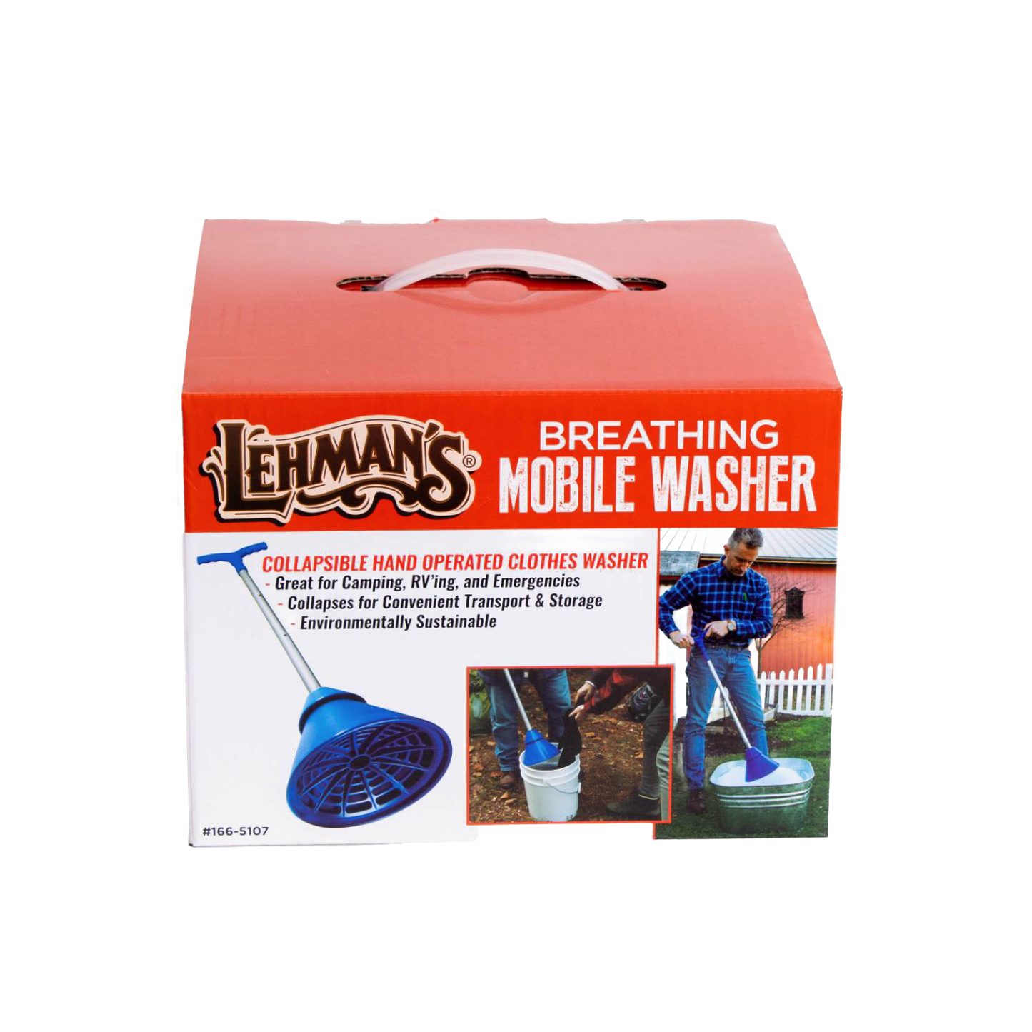 Box packaging of a collapsible hand-operated clothes washer designed for camping and emergencies, featuring images of use and labeled as an environmentally sustainable laundry supply.