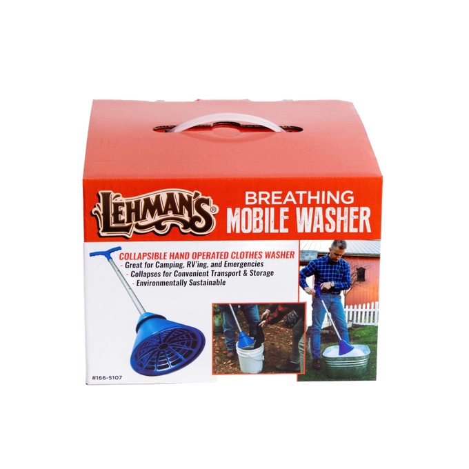 Box packaging of a collapsible hand-operated clothes washer designed for camping and emergencies, featuring images of use and labeled as an environmentally sustainable laundry supply.