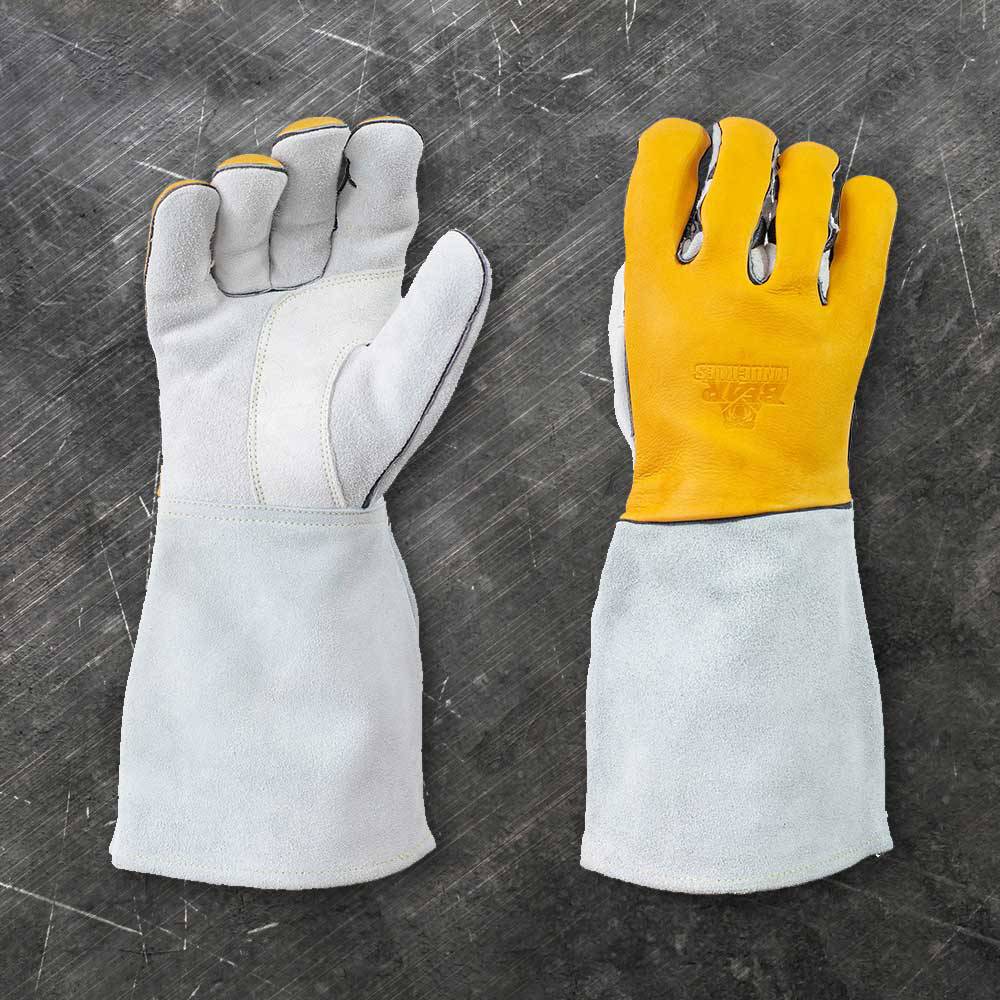 Handcrafted leather gloves with a yellow ergonomic top and gray reinforced palm and cuff, designed for durability and heat protection in Health & Wellness, Farm, Garden & Tool, and Hearth Accessories collections.