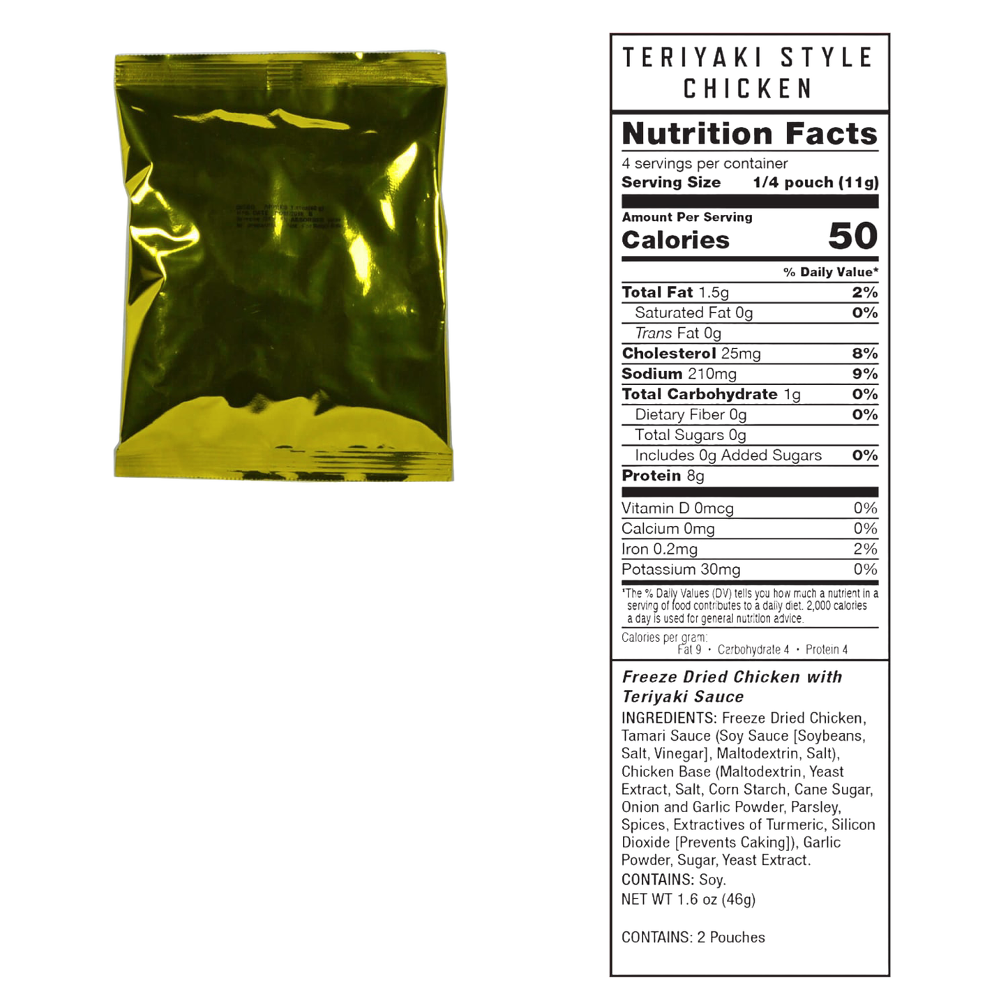 Glossy gold foil pouch of freeze-dried emergency food with a clear nutrition facts label showing 150 calories per serving, designed for long-term storage in pantry, emergency supplies, and USA Made collections.