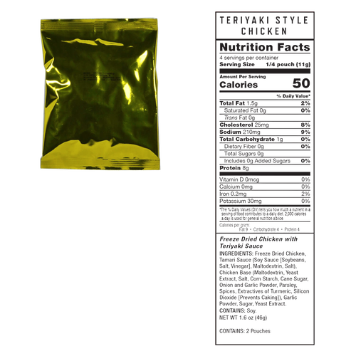 Glossy gold foil pouch of freeze-dried emergency food with a clear nutrition facts label showing 150 calories per serving, designed for long-term storage in pantry, emergency supplies, and USA Made collections.