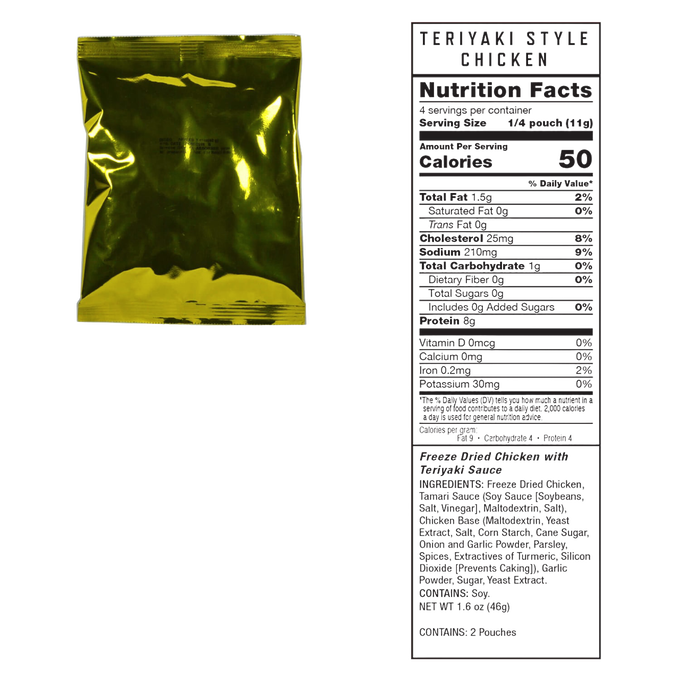 Glossy gold foil pouch of freeze-dried emergency food with a clear nutrition facts label showing 150 calories per serving, designed for long-term storage in pantry, emergency supplies, and USA Made collections.