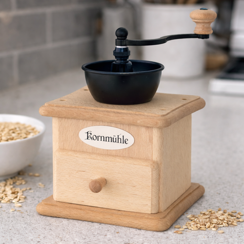 Compact hand-cranked wooden grain mill with steel burrs and a small drawer, surrounded by scattered grains and a bowl of oats, ideal for Kitchen & Food, Grain Mills, and Bread Making Supplies collections.