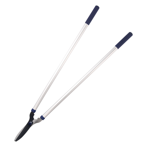 Long-handled lawn shears with durable 9-inch tempered carbon steel blades coated for rust resistance, featuring comfortable navy grips, ideal for farm, garden, and lawncare tasks.