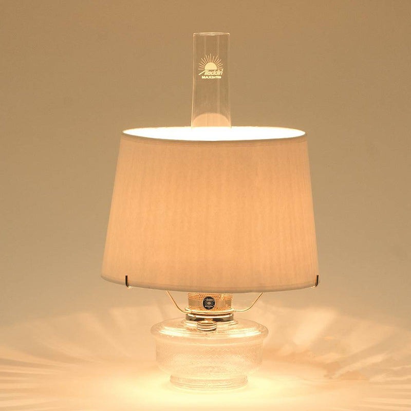 Clear glass oil lamp with a warm glowing light, topped with a white parchment shade, featured in collections for lamps, emergency supplies, and farm tools.