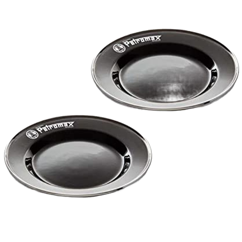 Pair of black enamel plates with white Petromax logo and silver rim, lightweight and durable, perfect for Farm, Garden & Tool, Kitchen & Food, Camping, Dinnerware, and Best Sellers collections.