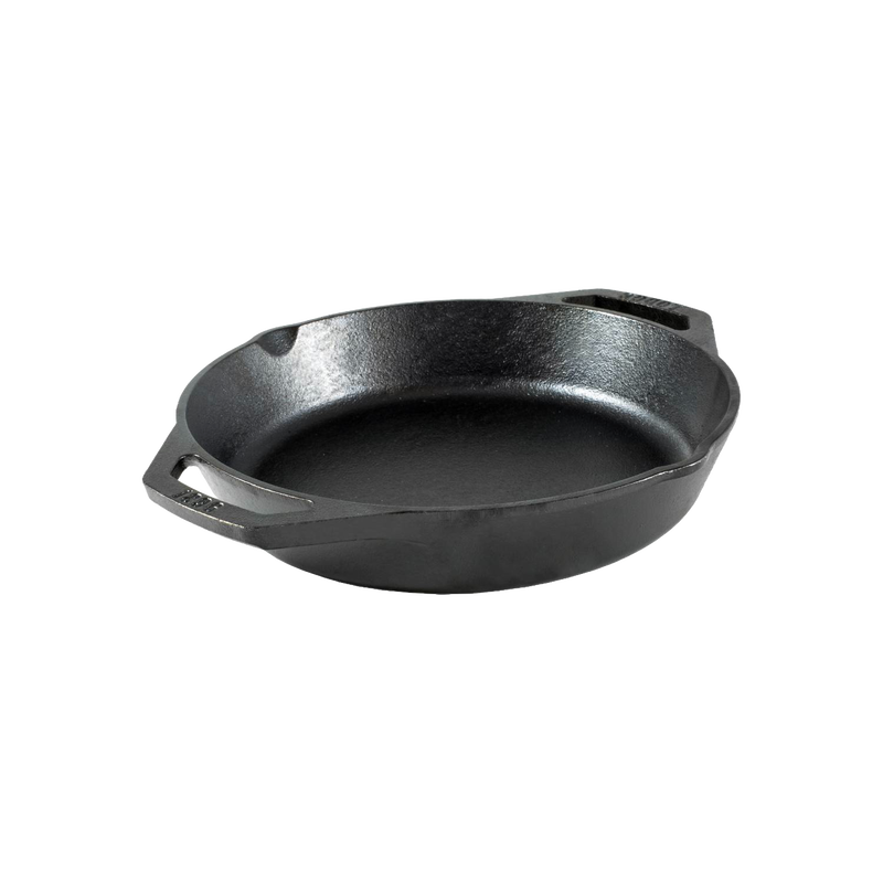 Handcrafted round cast iron pan with short side handles and a spout for easy pouring, suitable for versatile cooking, featured in Kitchen & Food, Cookware, Cast Iron, Best Sellers, Promo Eligible collections.