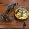 Handcrafted solid brass electric burner with UL listed brown cord and arrow-shaped prongs, featuring a threaded base for 3-inch chimneys, part of Lamps & Lighting and Electric Conversion collections.