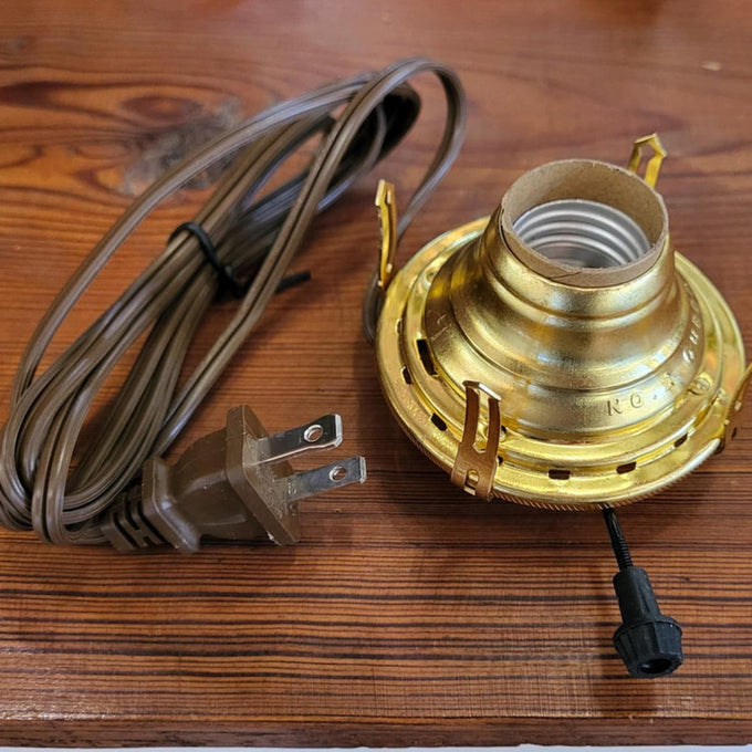 Handcrafted solid brass electric burner with UL listed brown cord and arrow-shaped prongs, featuring a threaded base for 3-inch chimneys, part of Lamps & Lighting and Electric Conversion collections.
