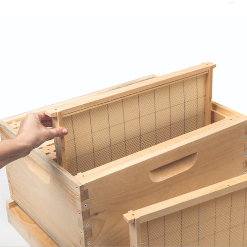 Handcrafted wooden deep beehive box with removable 10 frames featuring foundation wire, designed for beekeeping and pollination, Amish made, part of Farm and Garden collections.