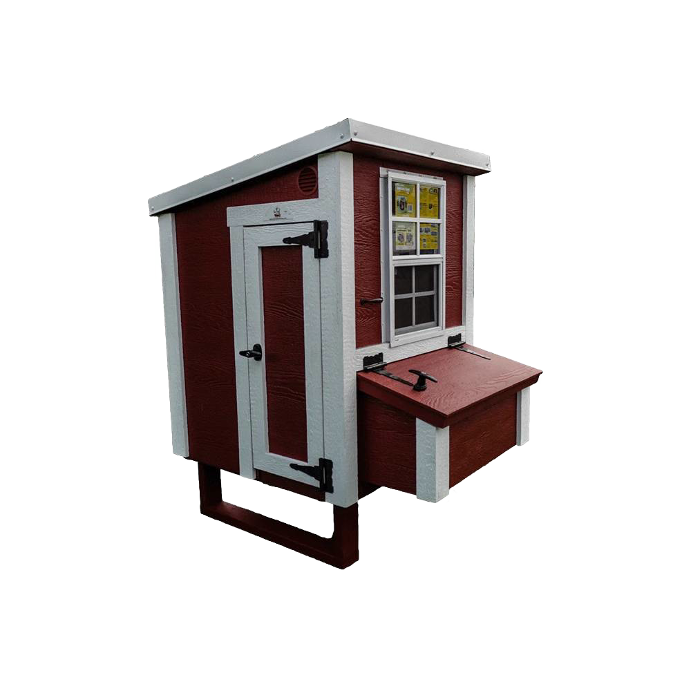 Handcrafted heavy-duty chicken coop with red wooden panels and white trim, featuring a secure door, vented window, nesting box, and year-round flooring, ideal for Farm, Garden & Tool, Chicken Accessories, USA Made, Amish Made, and Best Sellers collections.