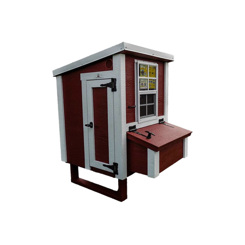 Handcrafted heavy-duty chicken coop with red wooden panels and white trim, featuring a secure door, vented window, nesting box, and year-round flooring, ideal for Farm, Garden & Tool, Chicken Accessories, USA Made, Amish Made, and Best Sellers collections.