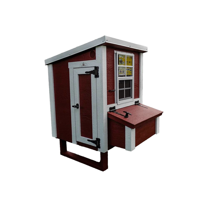 Handcrafted heavy-duty chicken coop with red wooden panels and white trim, featuring a secure door, vented window, nesting box, and year-round flooring, ideal for Farm, Garden & Tool, Chicken Accessories, USA Made, Amish Made, and Best Sellers collections.
