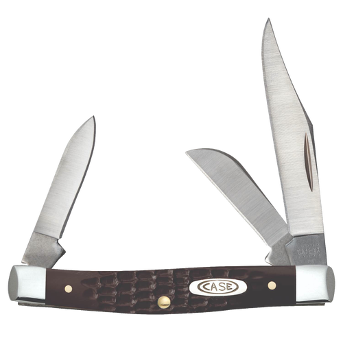 Medium stockman folding knife with three stainless steel blades and a brown synthetic handle featuring a sloped bolster, handcrafted and made in USA, ideal for Farm, Garden & Tool and Pocket Knives collections.