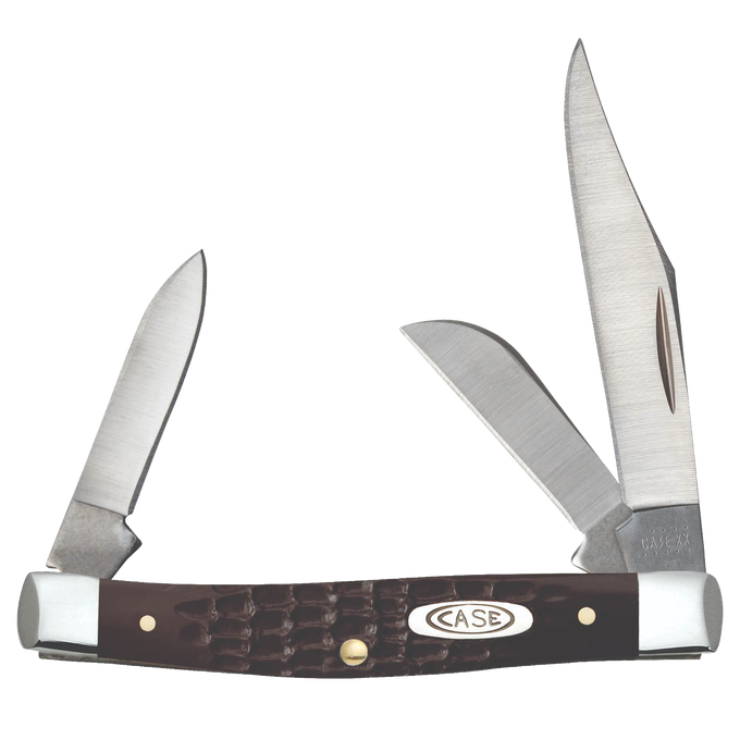 Medium stockman folding knife with three stainless steel blades and a brown synthetic handle featuring a sloped bolster, handcrafted and made in USA, ideal for Farm, Garden & Tool and Pocket Knives collections.