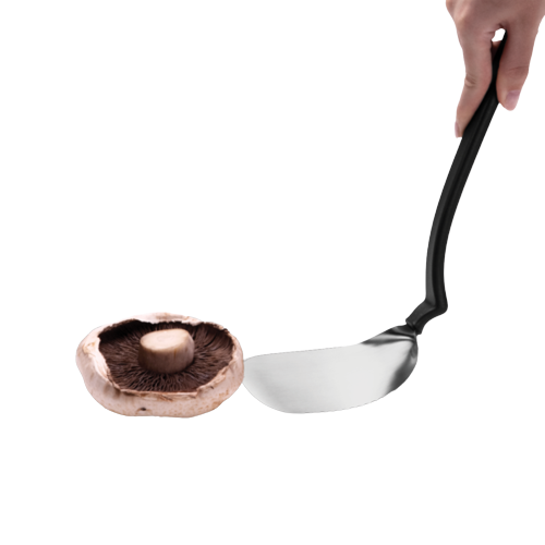Flexible stainless steel grill spatula with black ergonomic handle lifting a large mushroom, designed for flipping, cutting, and scraping in grilling and kitchen tasks.
