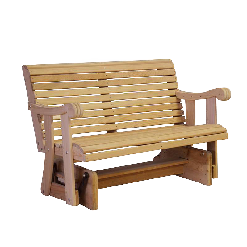 Handcrafted Amish glider swing made from low-maintenance cypress wood with contoured back and armrests, featuring smooth gliding base, ideal for outdoor furniture and home decor.