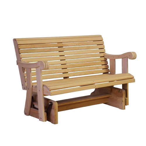 Handcrafted Amish glider swing made from low-maintenance cypress wood with contoured back and armrests, featuring smooth gliding base, ideal for outdoor furniture and home decor.