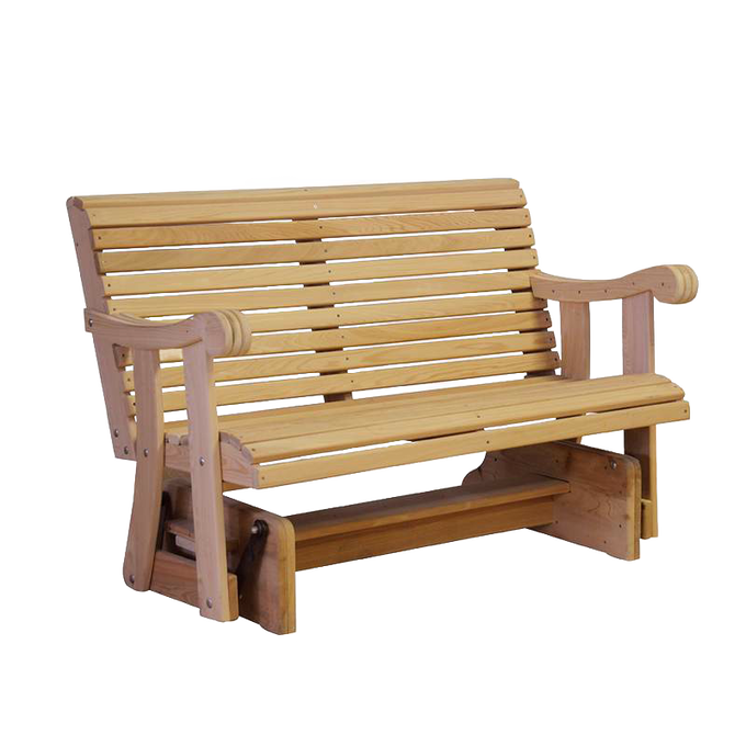 Handcrafted Amish glider swing made from low-maintenance cypress wood with contoured back and armrests, featuring smooth gliding base, ideal for outdoor furniture and home decor.